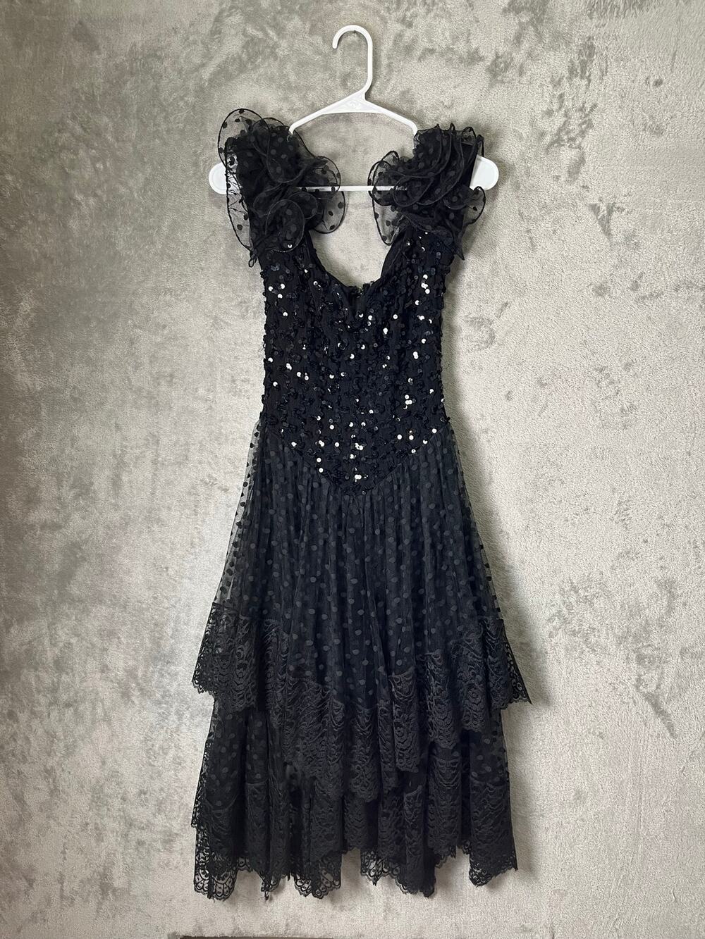 Vintage 80s 90s Black Sequin Lace Polka Dot Tulle Ruffle Formal Party Dress XS